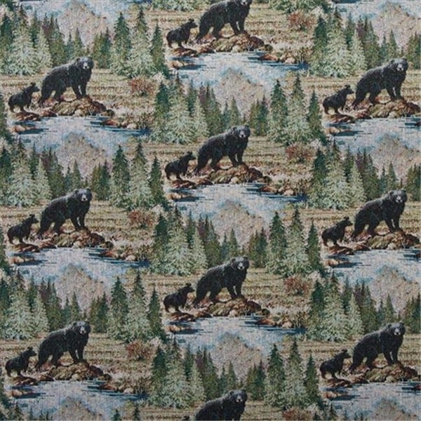 Designer Fabrics A019 54 in. Wide ; Baby Black Bear Following Mom; Trees And Water; Themed Tapestry Upholstery Fabric A019 - main